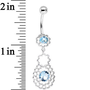 BodyCandy Blue CZ Gem Quatrefoil Layered Flowing Flower Form Dangle Belly Ring — detail close-up