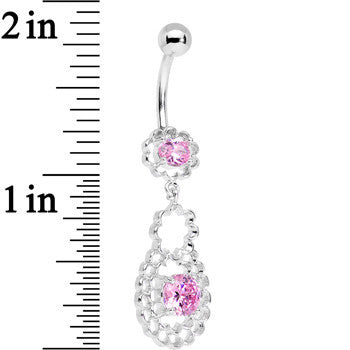 BodyCandy Pink CZ Gem Quatrefoil Layered Flowing Flower Form Dangle Belly Ring — detail close-up