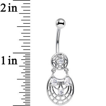 BodyCandy Clear CZ Gem Circular Woven Pattern Dangle Belly Ring — detail close-up