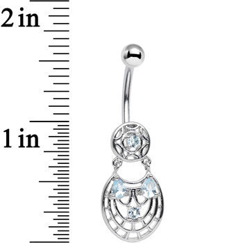 BodyCandy Blue CZ Gem Circular Woven Pattern Dangle Belly Ring — detail close-up