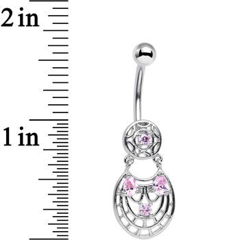 BodyCandy Pink CZ Gem Circular Woven Pattern Dangle Belly Ring — detail close-up