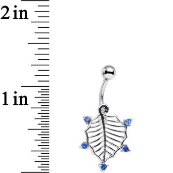 BodyCandy Blue CZ Gem Lattice Style Hawthorne Leaf Dangle Belly Ring — detail close-up
