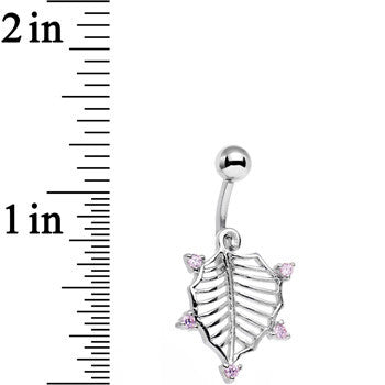BodyCandy Pink CZ Gem Lattice Style Hawthorne Leaf Dangle Belly Ring — detail close-up
