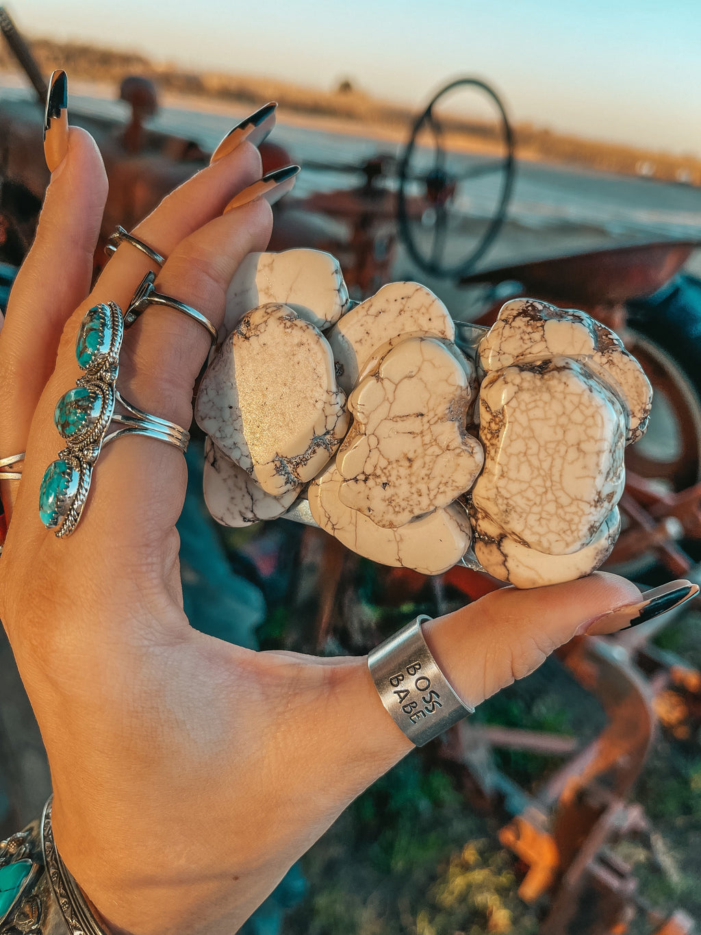 Haute Southern Hyde Marietta White Slab Stone Belt Buckle — Haute Southern Hyde branding close-up
