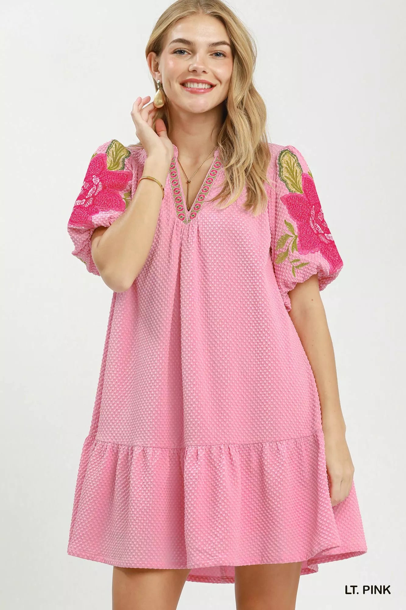 Umgee Floral Embroidered Textured Jacquard Dress
