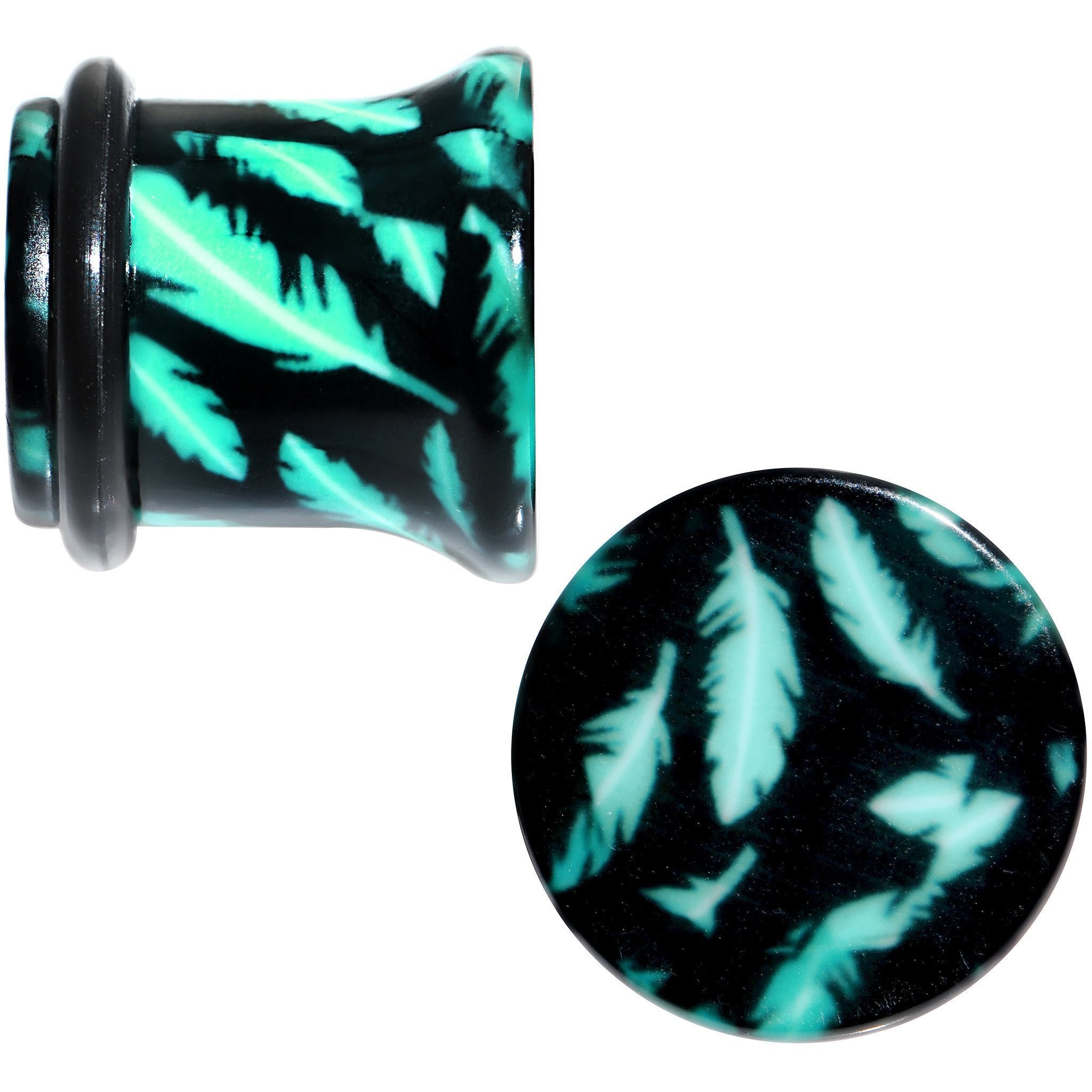 BodyCandy Black Acrylic Teal Feather Single Flare Plug Set Available in Sizes 3mm to 16mm — detail close-up