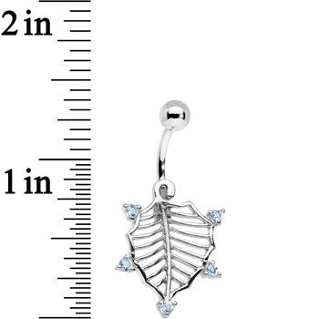 BodyCandy Aqua Cubic Zirconia Steel Skeletal Leaf Dangle Belly Ring — detail close-up