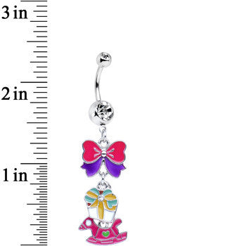 BodyCandy Pink Enamel Rocking Horse and Bow Dangle Belly Ring — detail close-up