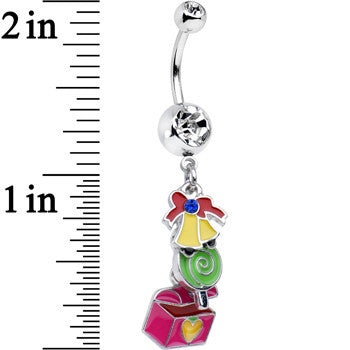 BodyCandy Clear Gem Christmas Bells Present Dangle Belly Ring — detail close-up