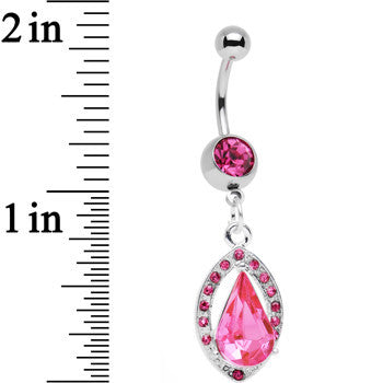 BodyCandy Pink Gem Stainless Steel Encaptured Teardrop Dangle Belly Ring — detail close-up