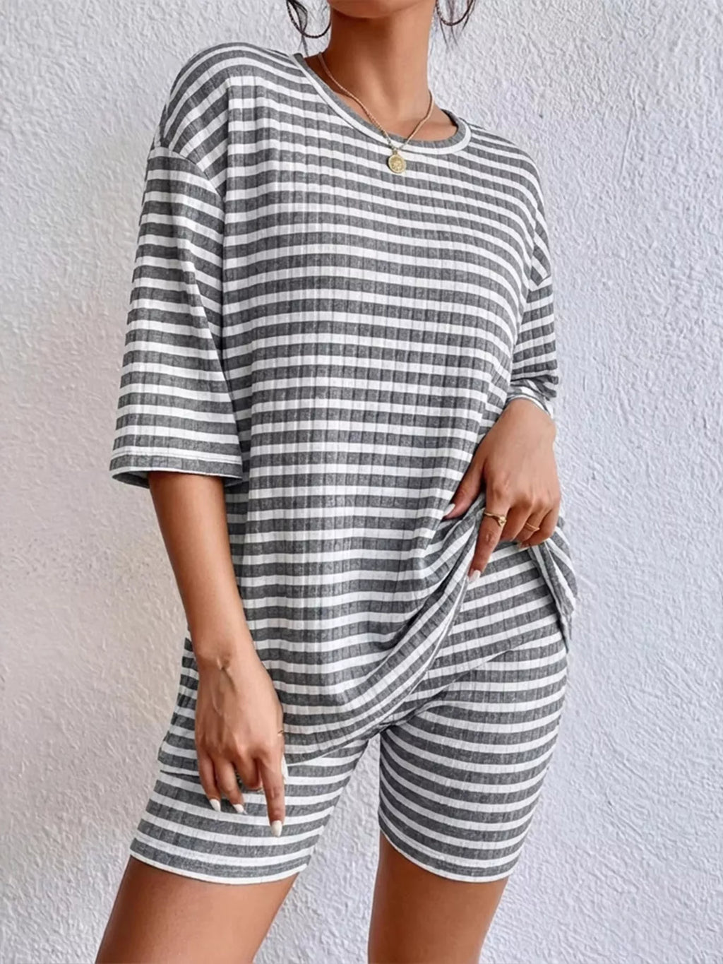 Striped Round Neck Top and Shorts Set