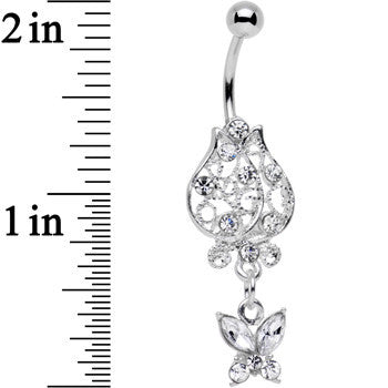 BodyCandy Clear Gem Framework Flower Butterfly Dangle Belly Ring — detail close-up