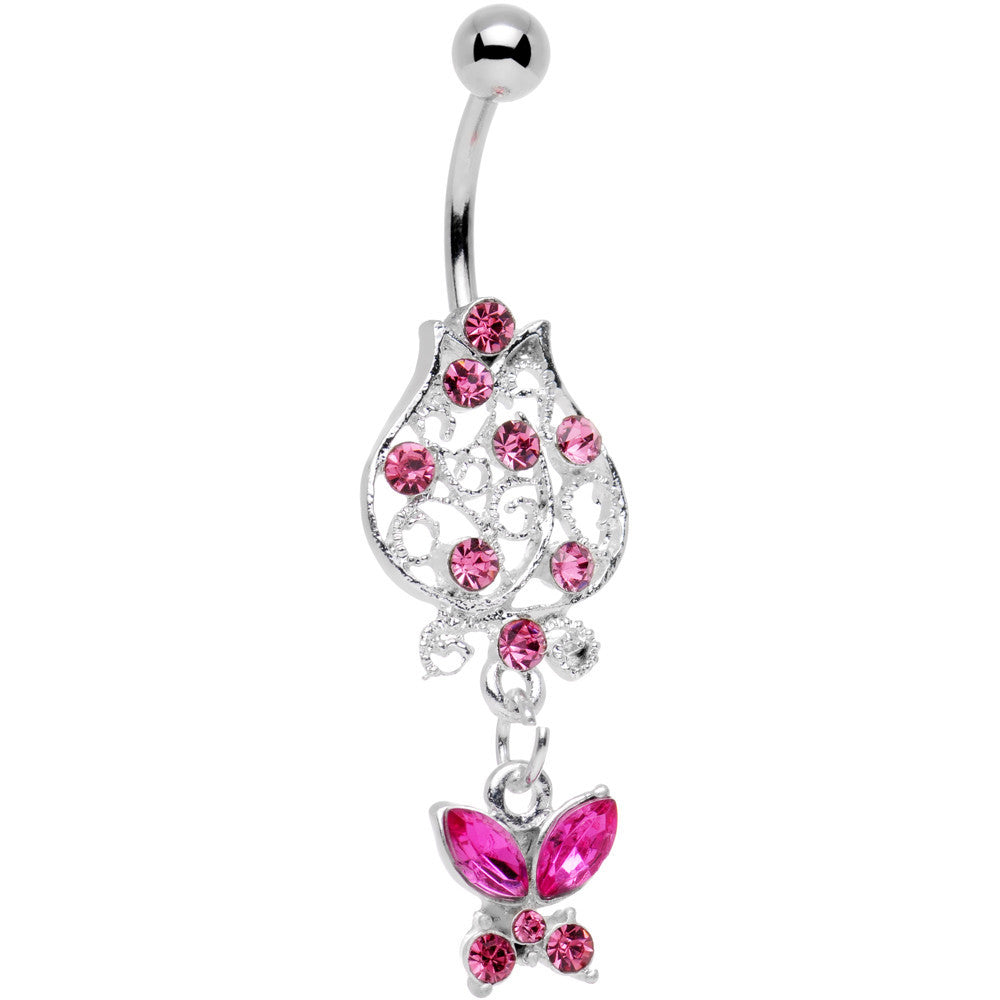 BodyCandy Pink Gem Framework Flower Butterfly Dangle Belly Ring — main product shot