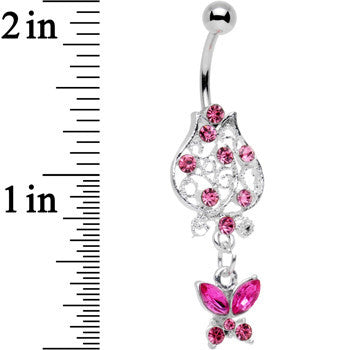 BodyCandy Pink Gem Framework Flower Butterfly Dangle Belly Ring — detail close-up