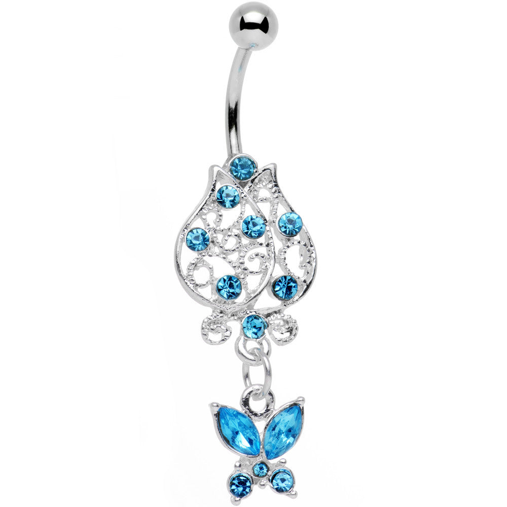 BodyCandy Aqua Gem Framework Flower Butterfly Dangle Belly Ring — main product shot