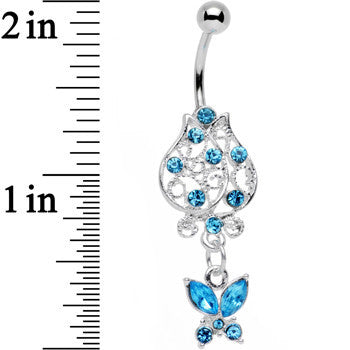 BodyCandy Aqua Gem Framework Flower Butterfly Dangle Belly Ring — detail close-up