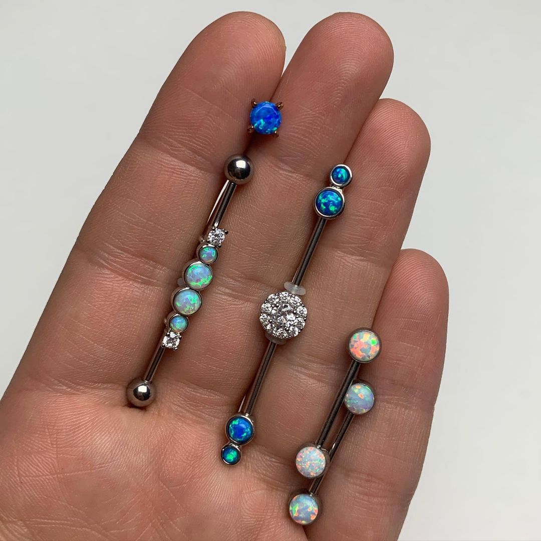 BodyCandy 316L Stainless Steel White Synthetic Opal Nipple Barbell Set — detail close-up