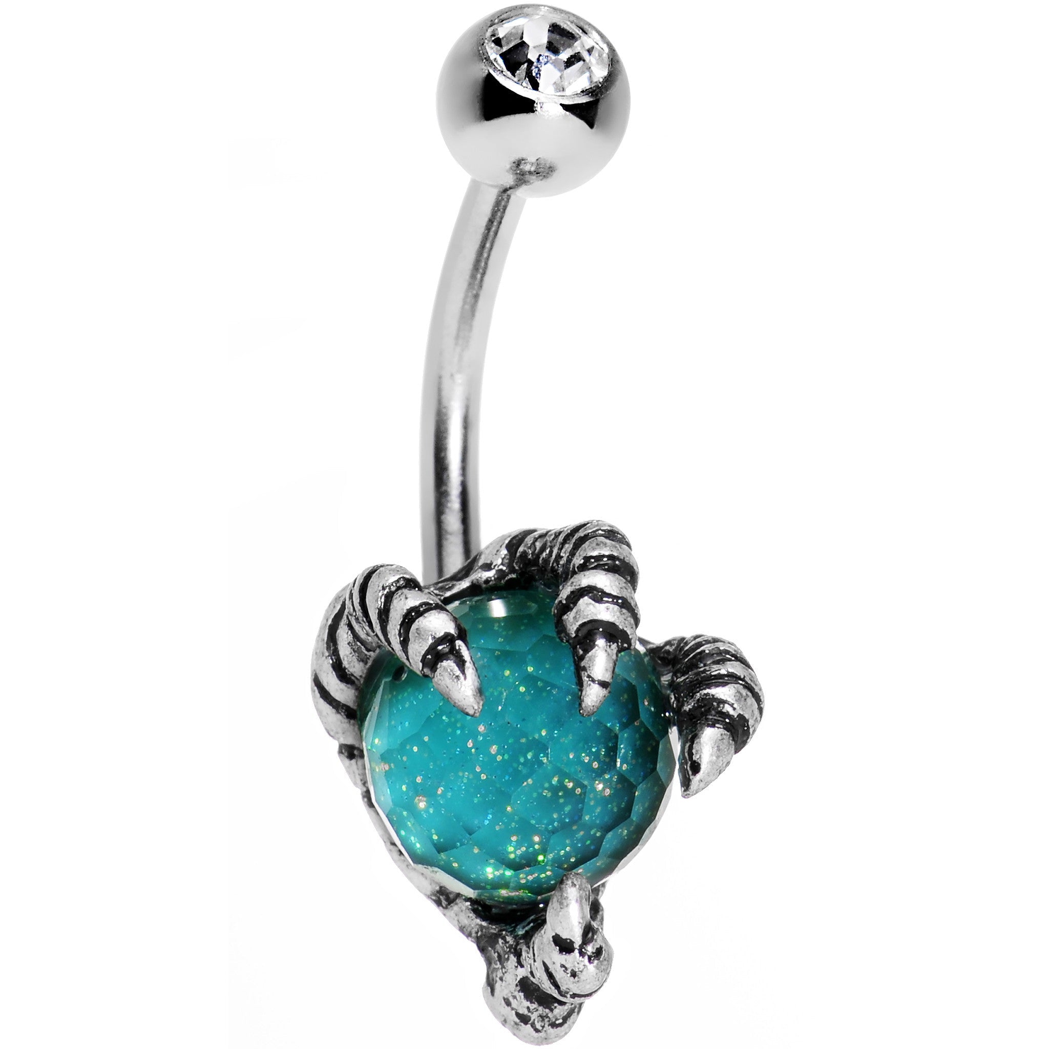 BodyCandy Clear Gem Aqua Globe Stainless Steel Take Me Talons Belly Ring — detail close-up