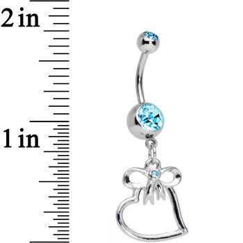 BodyCandy Aqua Gem Pretty Bow and Heart Dangle Belly Ring — detail close-up