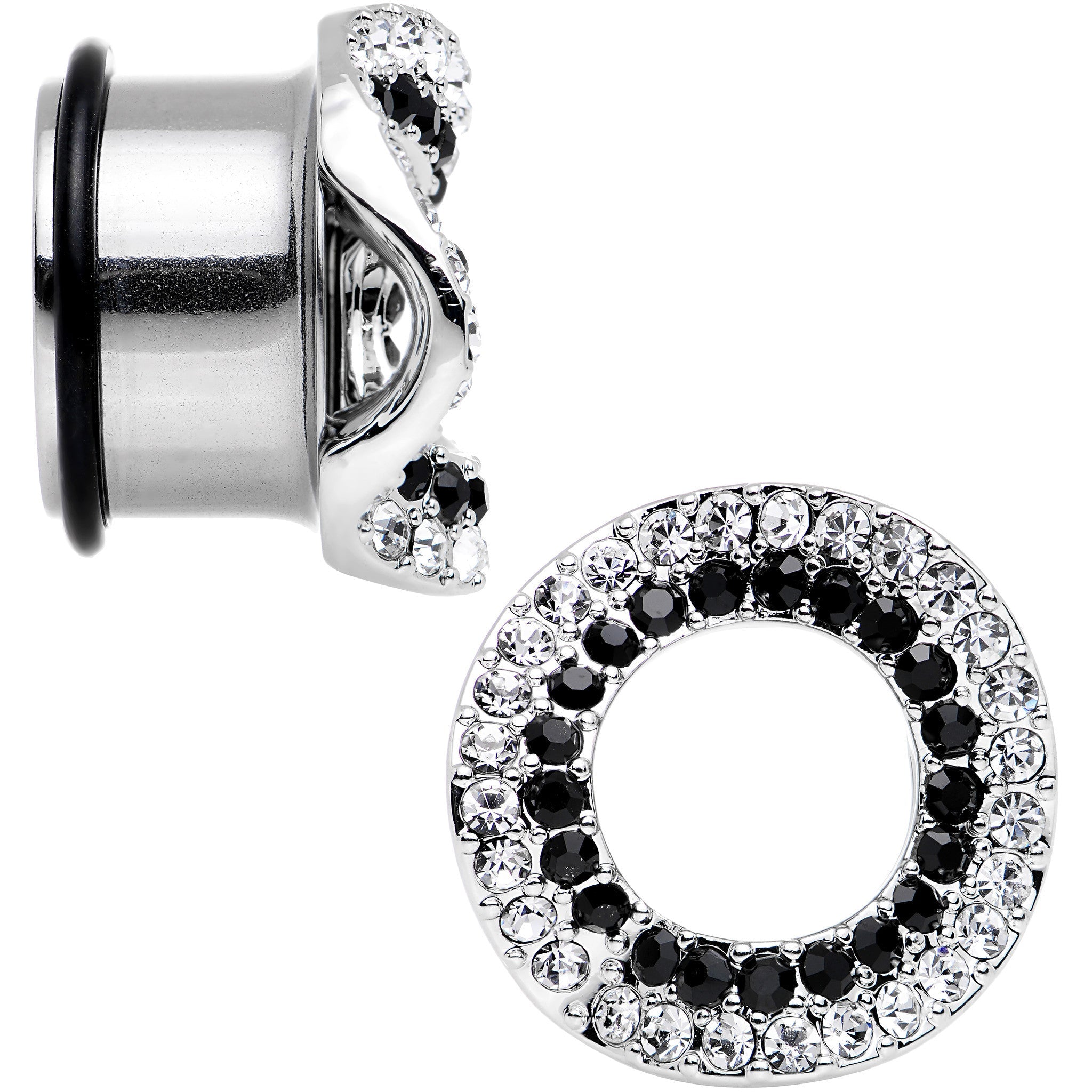 BodyCandy 18mm Clear Black Gem Steel Warped Ring Single Flare Tunnel Plug Set — detail close-up
