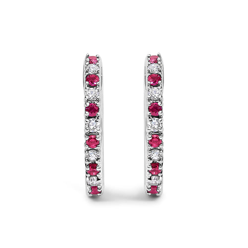 10K White Gold Alternating Diamond and Red Ruby Huggy Hoop Earrings (I-J Color, I1-I2 Clarity)