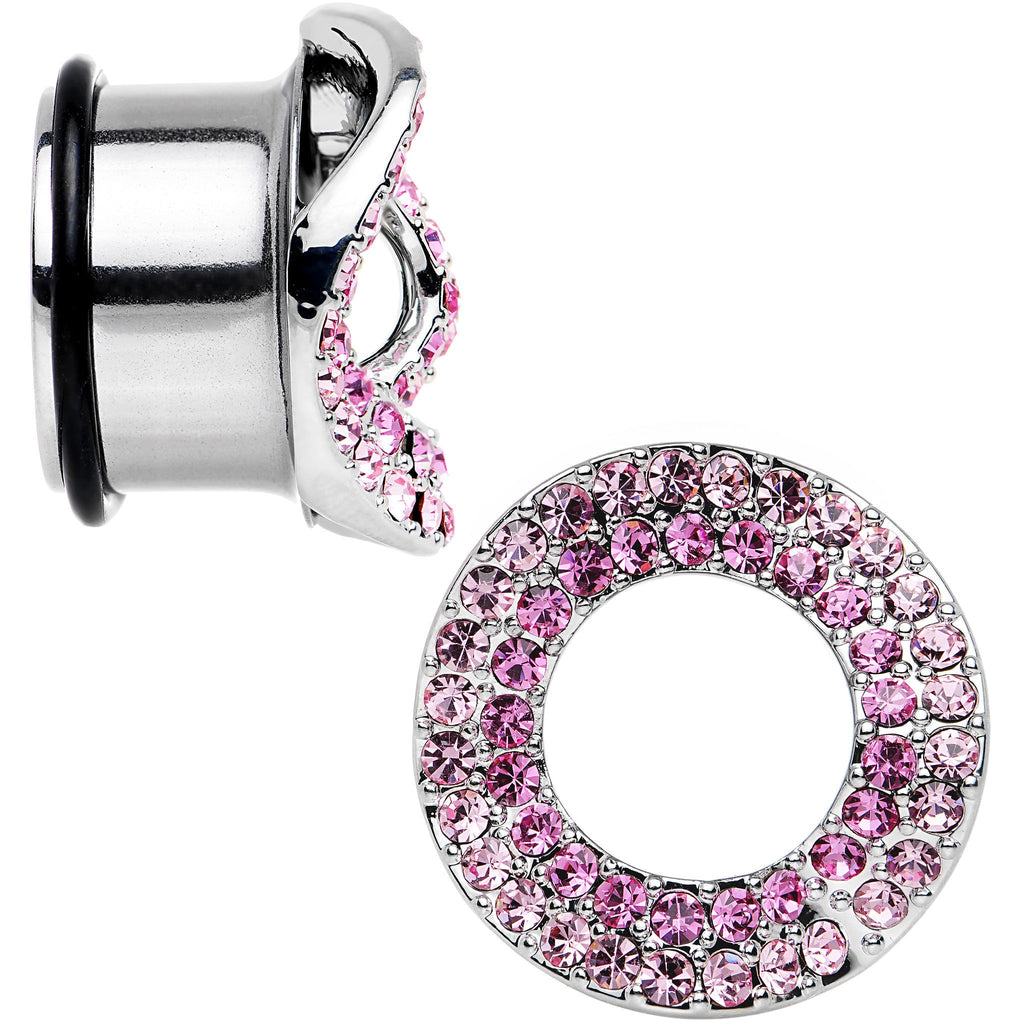 BodyCandy 18mm Pink Gem Steel Warp Ring Single Flare Tunnel Plug Set — detail close-up