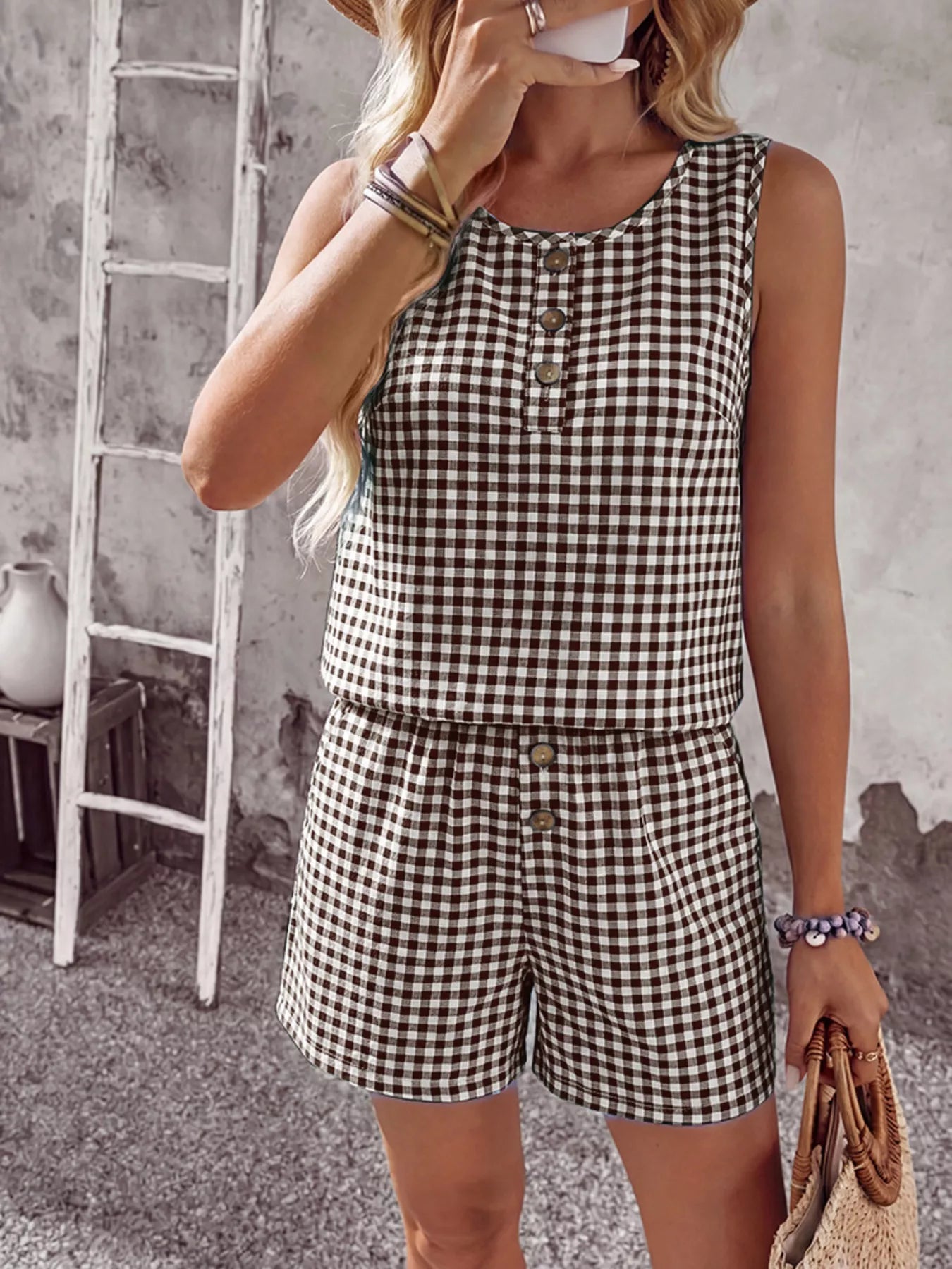 Gingham Sleeveless Top & Shorts Set