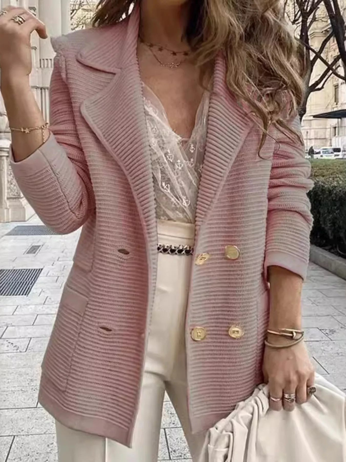 Texture Knit Double-Breasted Blazer