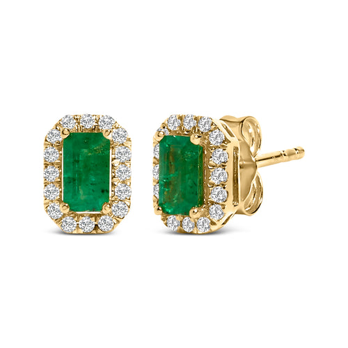 14K Yellow Gold Green Emerald and 1/8 Cttw Diamond Halo Octagonal Shaped Stud Earrings  (I-J Color, I1-I2 Clarity)