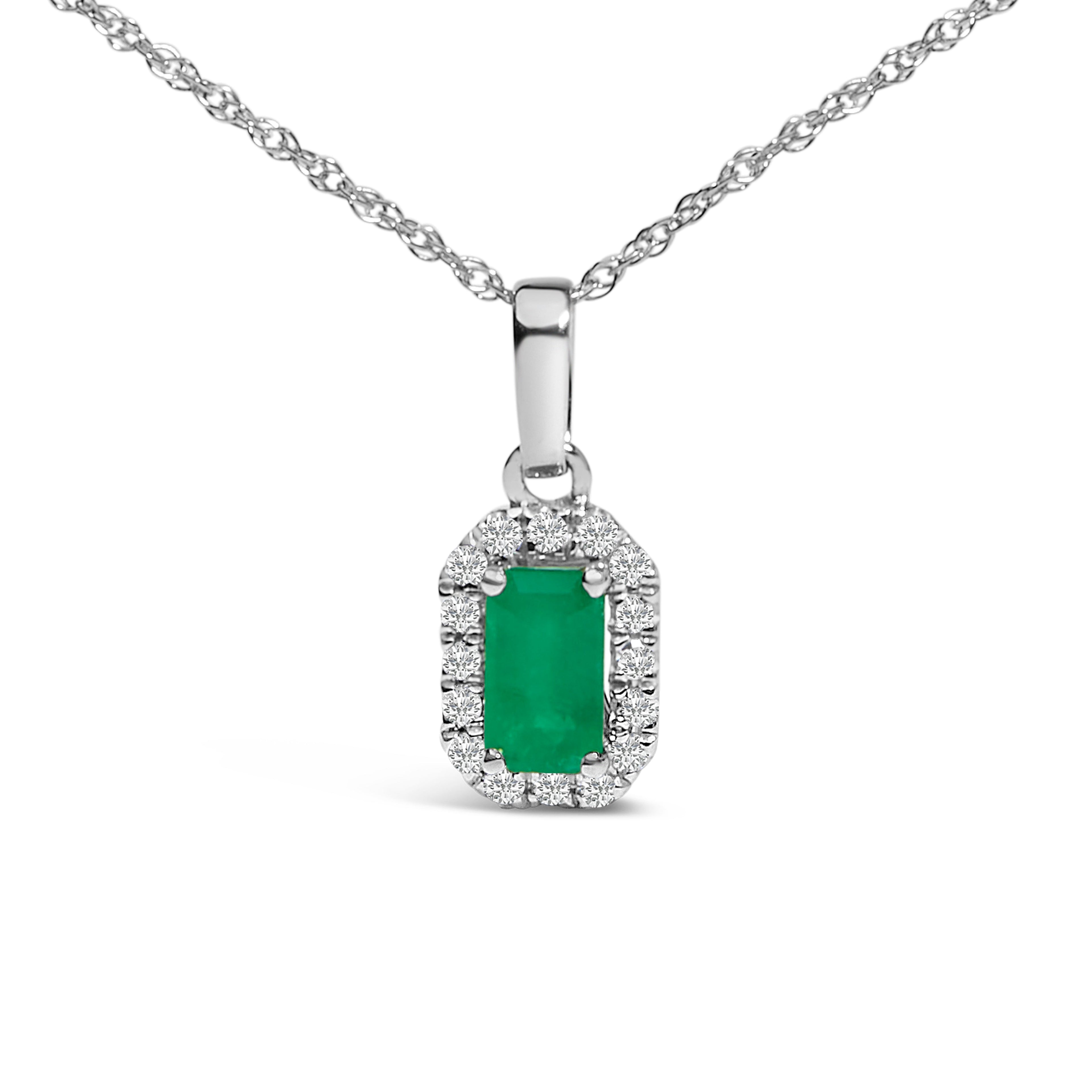 10K White Gold 5x3mm Green Emerald and Diamond Accent Halo Octagonal Shape 18" Pendant Necklace (I-J Color, I1-I2 Clarity)