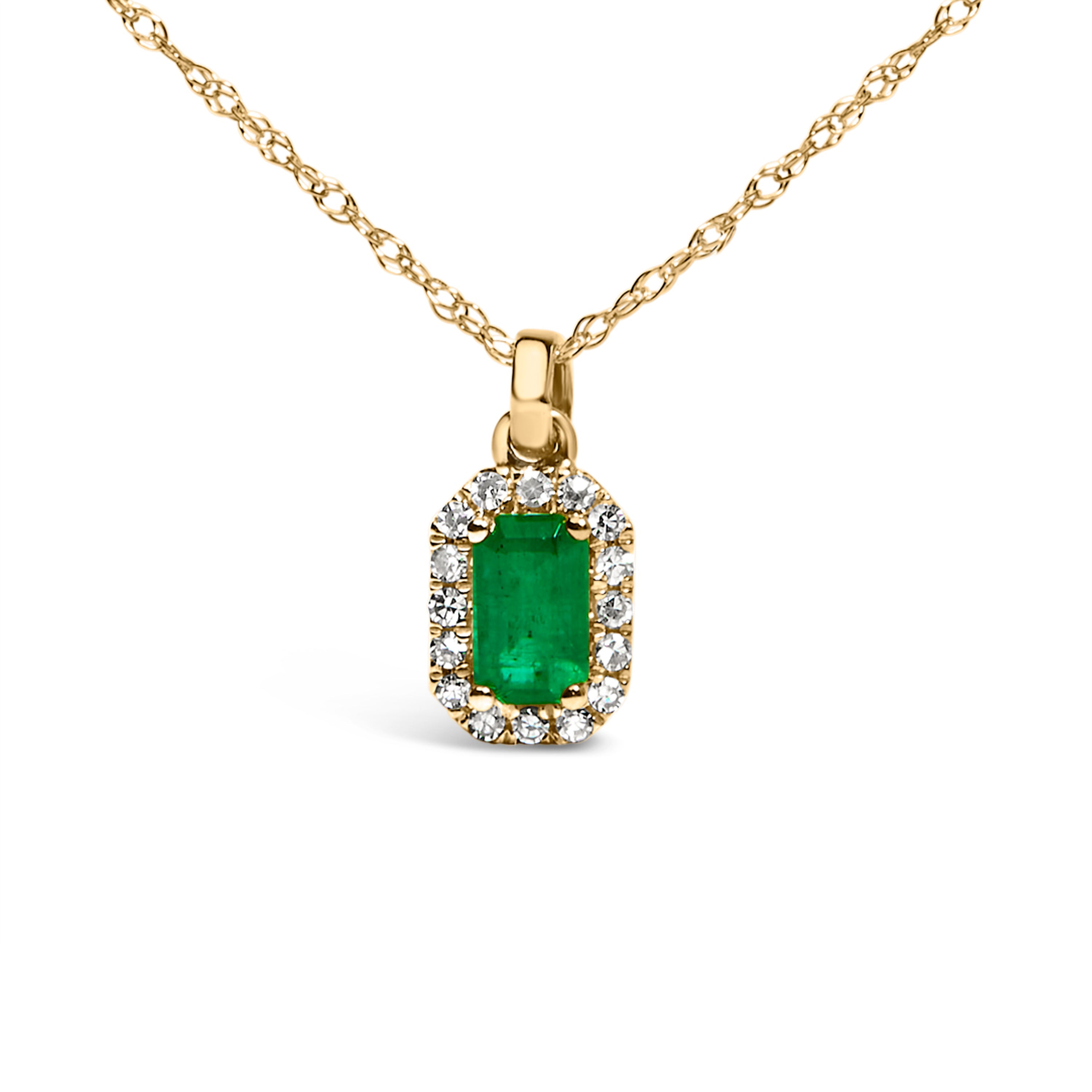 10K Yellow Gold 5x3mm Green Emerald and Diamond Accent Halo Octagonal Shape 18" Pendant Necklace (I-J Color, I1-I2 Clarity)