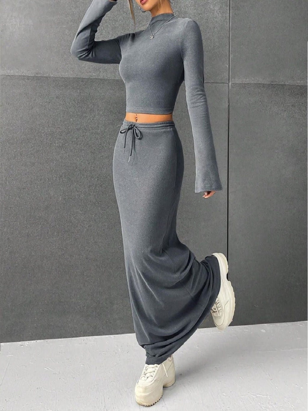 Long Sleeve Top & Drawstring Maxi Skirt Set