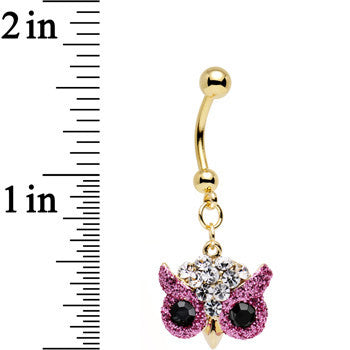BodyCandy Clear Pink and Black Gem Gold Plated Beady Eye Owl Dangle Belly Ring — detail close-up