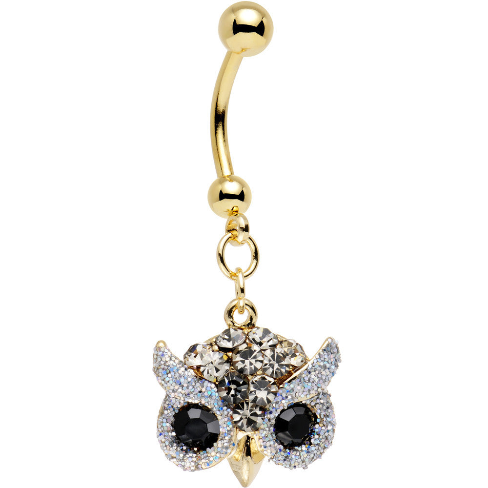 BodyCandy Clear Aurora and Black Gem Gold Plated Beady Eye Owl Dangle Belly Ring — main product shot