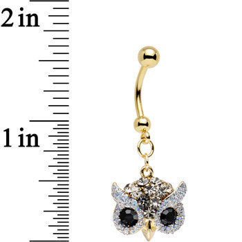 BodyCandy Clear Aurora and Black Gem Gold Plated Beady Eye Owl Dangle Belly Ring — detail close-up