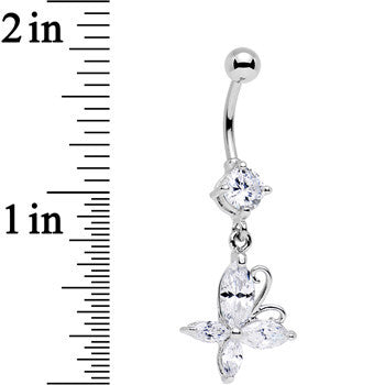 BodyCandy Clear Gem Butterfly Prong Set Dangle Belly Ring — detail close-up
