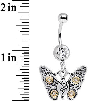 BodyCandy Clear Gem Steampunk Butterfly Dangle Belly Ring — detail close-up
