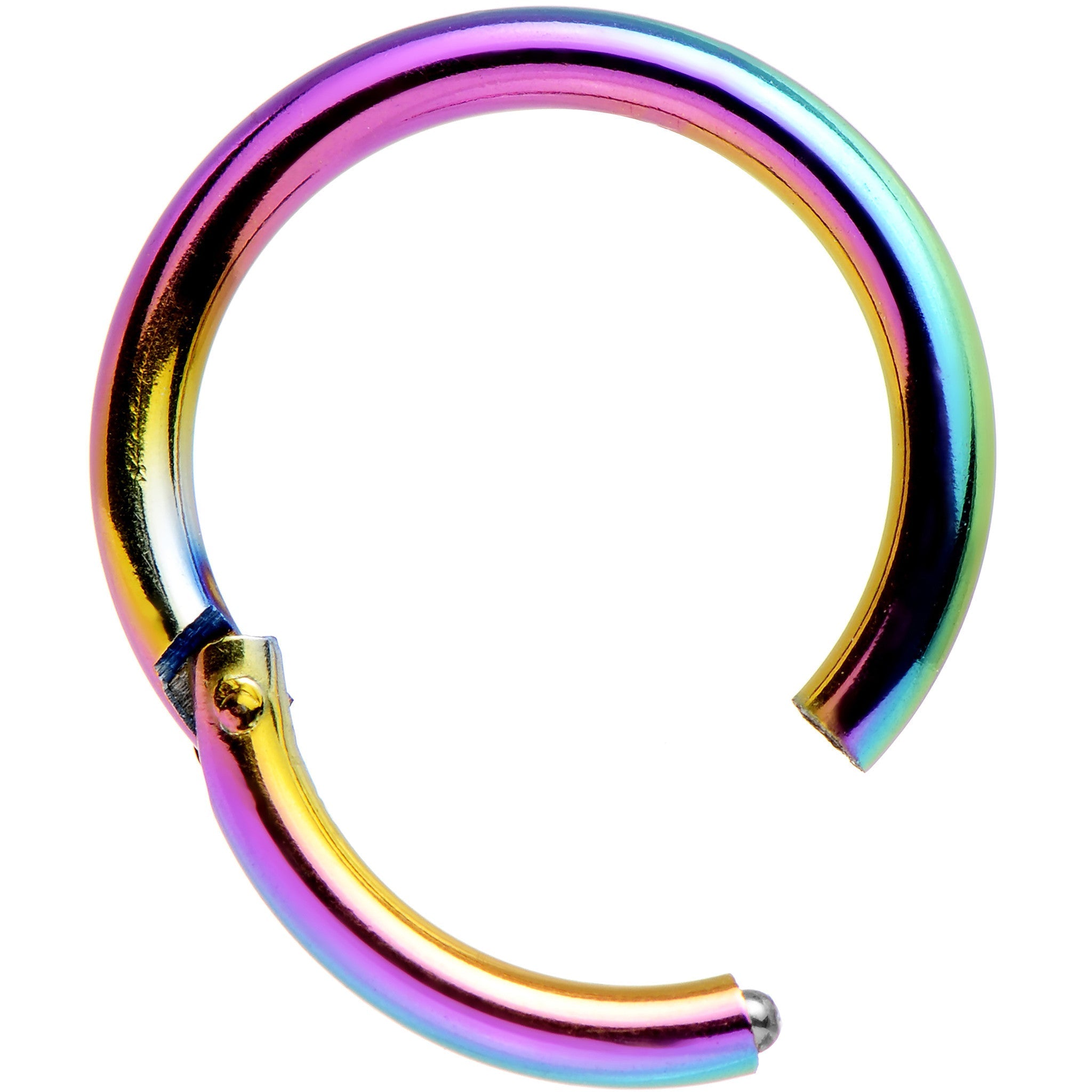 BodyCandy 14G 3/8 Rainbow Anodized Hinged Segment Ring — detail close-up