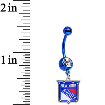 BodyCandy Licensed Clear Gem Blue Anodized NHL New York Rangers Belly Ring — detail close-up