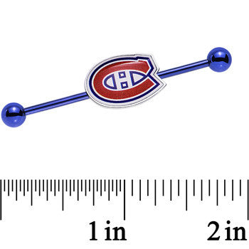 BodyCandy Licensed Blue Anodized NHL Montreal Canadiens Industrial Barbell 38mm — detail close-up