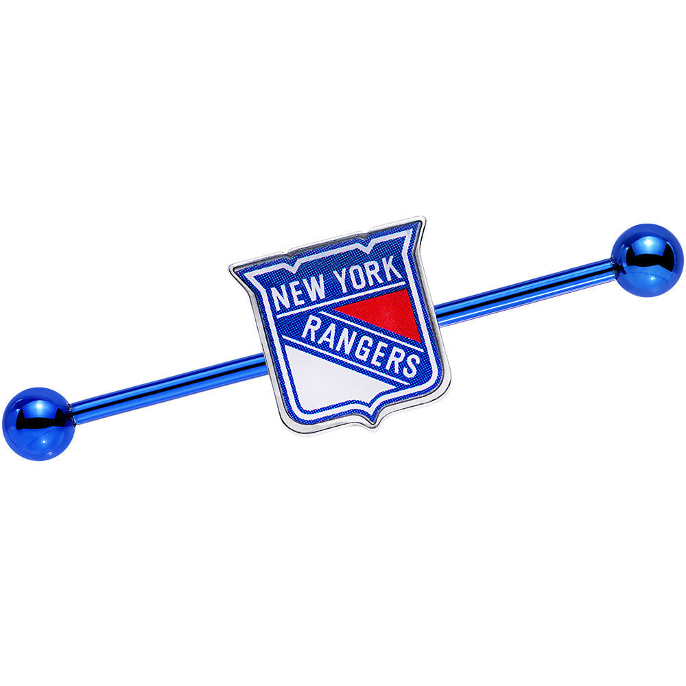 BodyCandy Licensed Blue Anodized NHL New York Rangers Industrial Barbell 38mm — main product shot