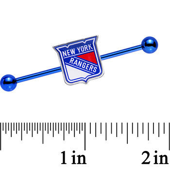 BodyCandy Licensed Blue Anodized NHL New York Rangers Industrial Barbell 38mm — detail close-up