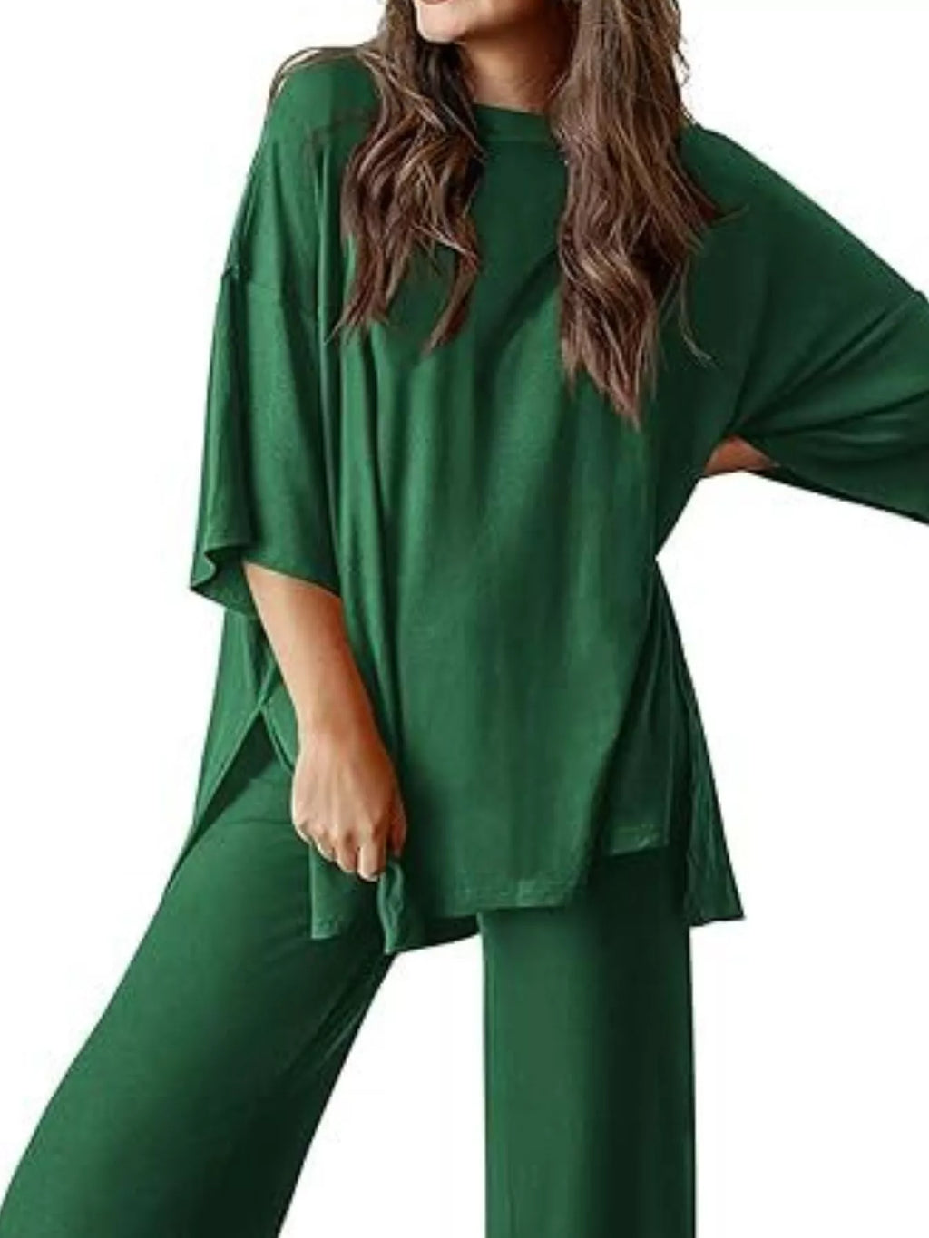 Slit Round Neck Top and Pants Set
