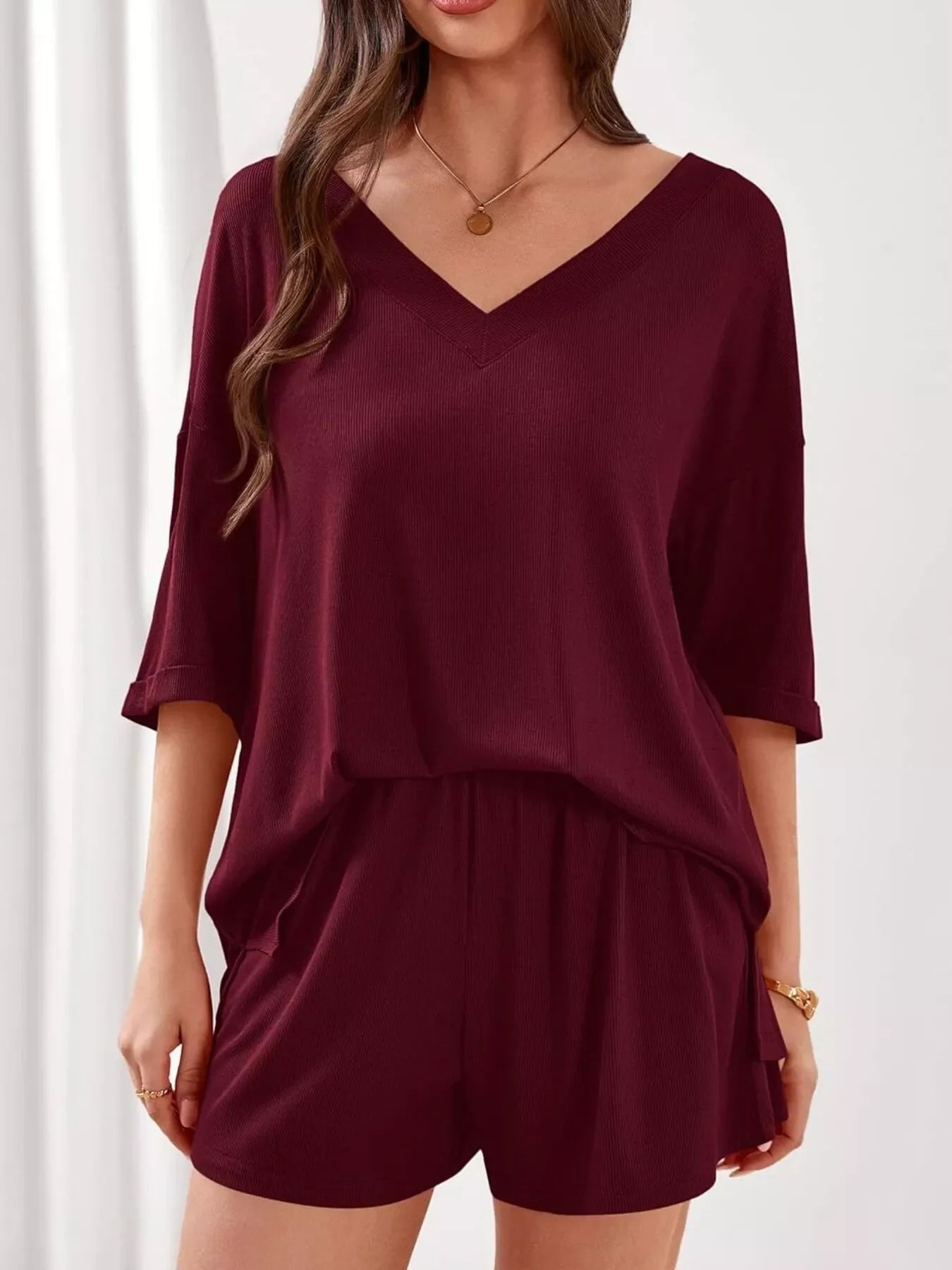 Casual Solid Color V-Neck Top & Shorts Set