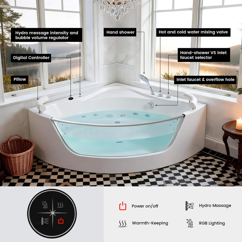 Nuvia Serenity 59-Inch 2-Person Acrylic Corner Whirlpool 16-Jet Hydro Massage Bathtub With Heater Rainbow Light (SAK12058) – 