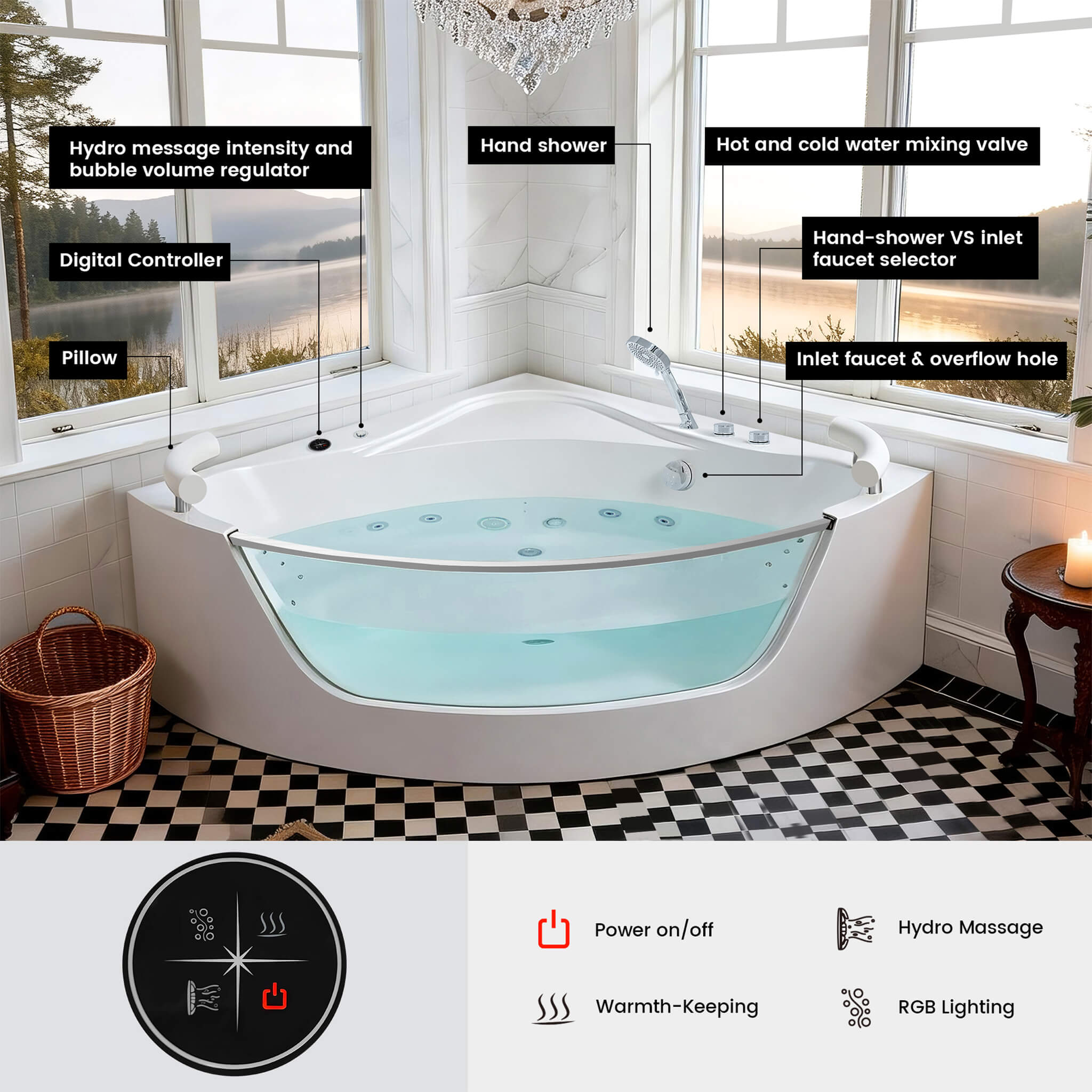 Nuvia Serenity 59-Inch 2-Person Acrylic Corner Whirlpool 16-Jet Hydro Massage Bathtub With Heater Rainbow Light (SAK12058) – 