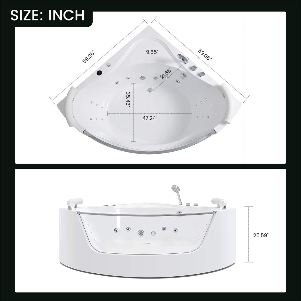 Nuvia Serenity 59-Inch 2-Person Acrylic Corner Whirlpool 16-Jet Hydro Massage Bathtub With Heater Rainbow Light (SAK12058) – 