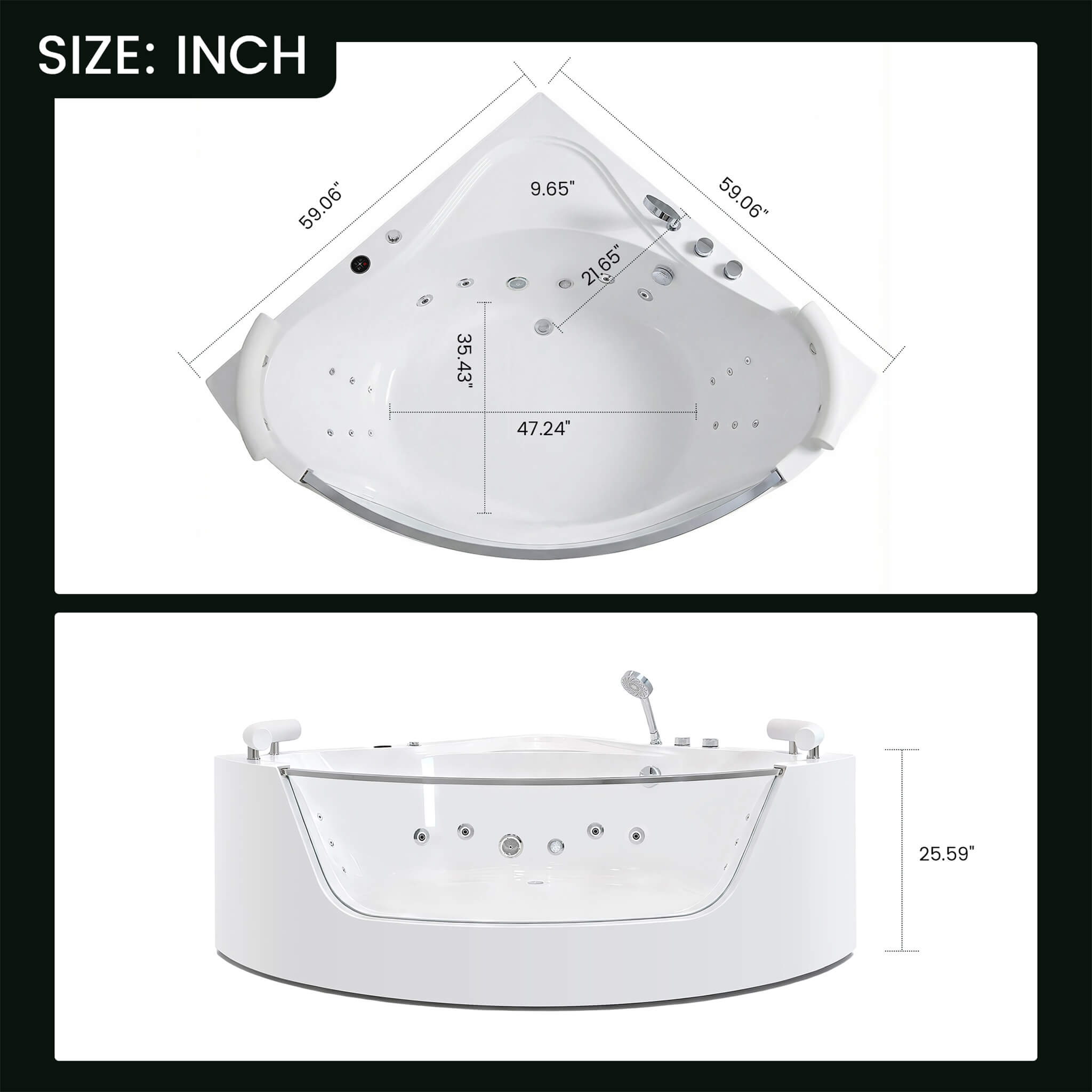 Nuvia Serenity 59-Inch 2-Person Acrylic Corner Whirlpool 16-Jet Hydro Massage Bathtub With Heater Rainbow Light (SAK12058) – 