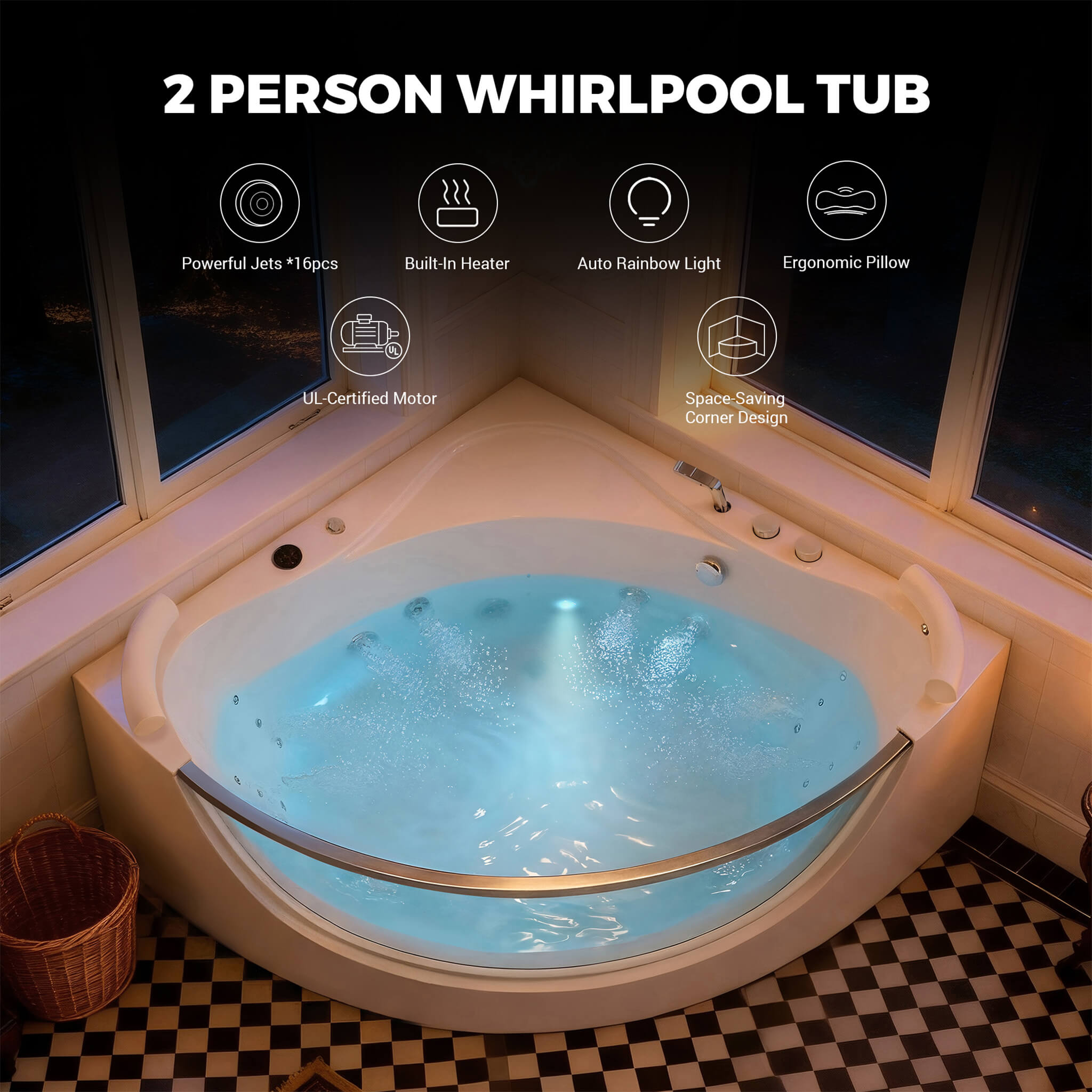 Nuvia Serenity 59-Inch 2-Person Acrylic Corner Whirlpool 16-Jet Hydro Massage Bathtub With Heater Rainbow Light (SAK12058) – 