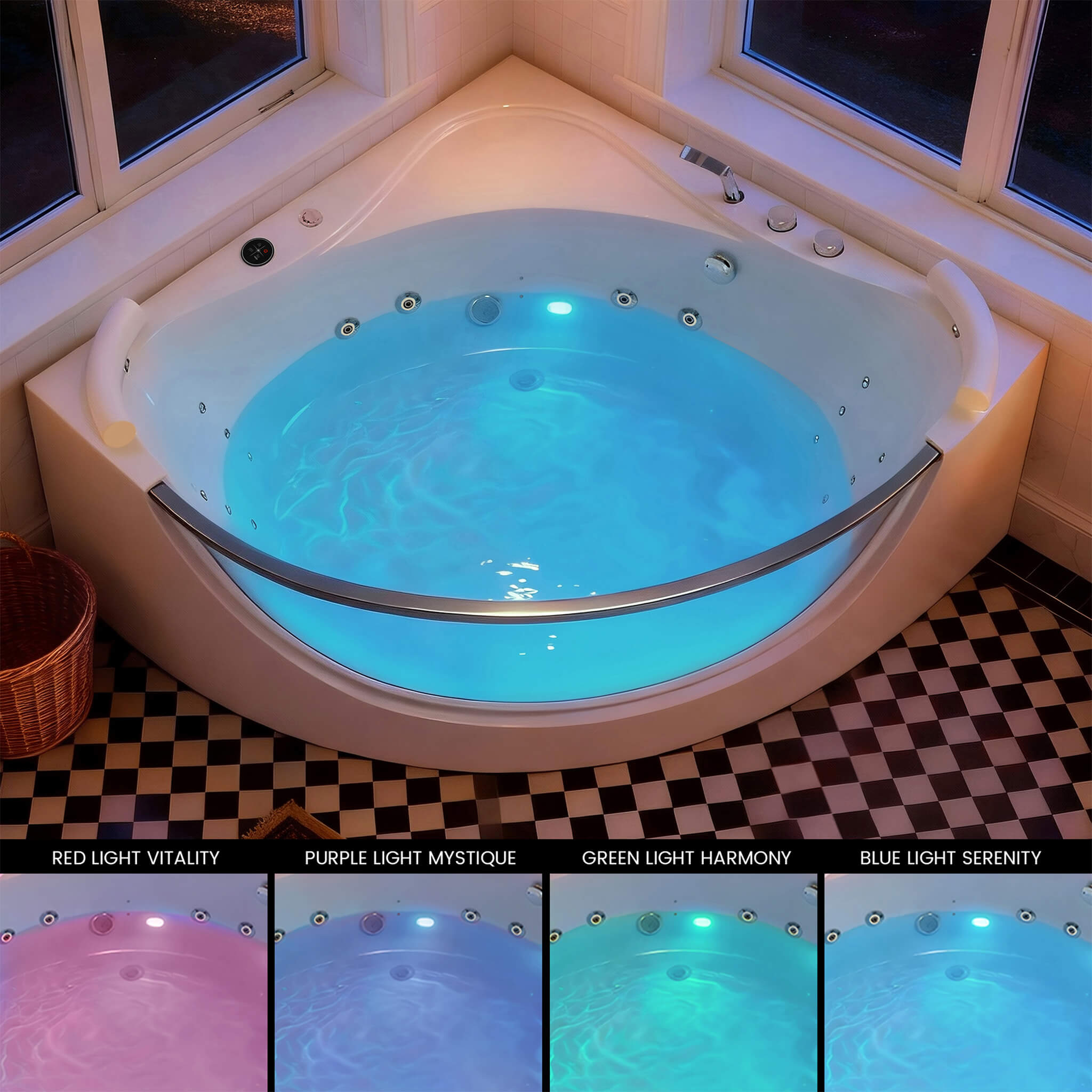 Nuvia Serenity 59-Inch 2-Person Acrylic Corner Whirlpool 16-Jet Hydro Massage Bathtub With Heater Rainbow Light (SAK12058) – 